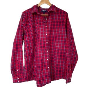 LANDS' END RED/NAVY PLAID PATTERNED NO IRON SUPIMA BUTTON DOWN SHIRT, SIZE 16